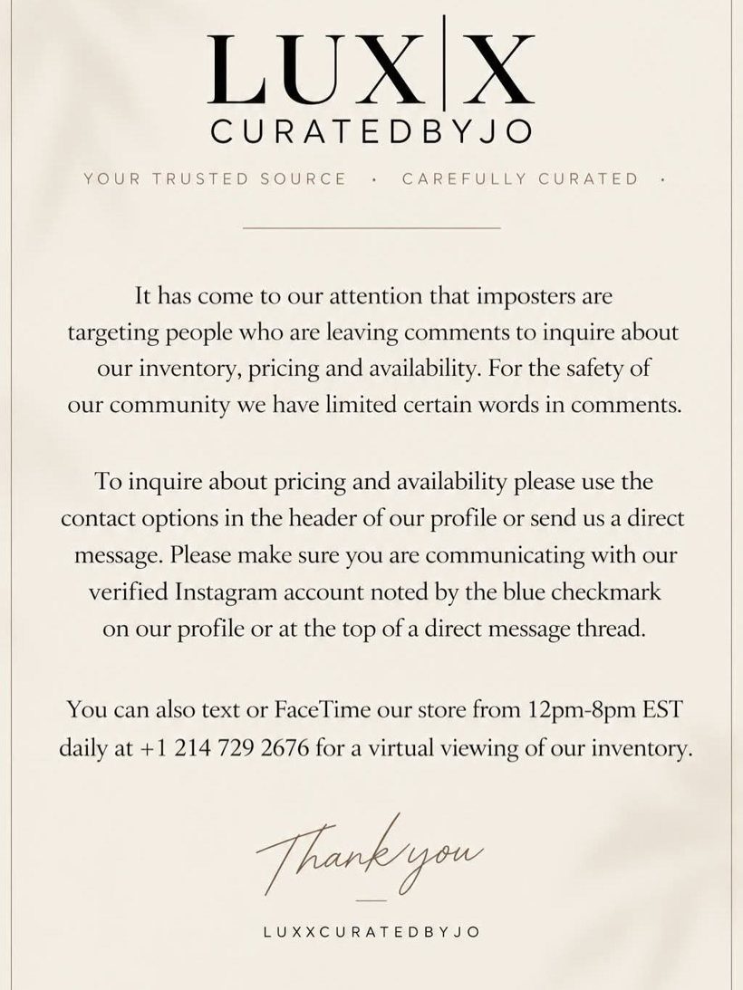 Notice from Luxx Curated by Jo about contacting the store safely